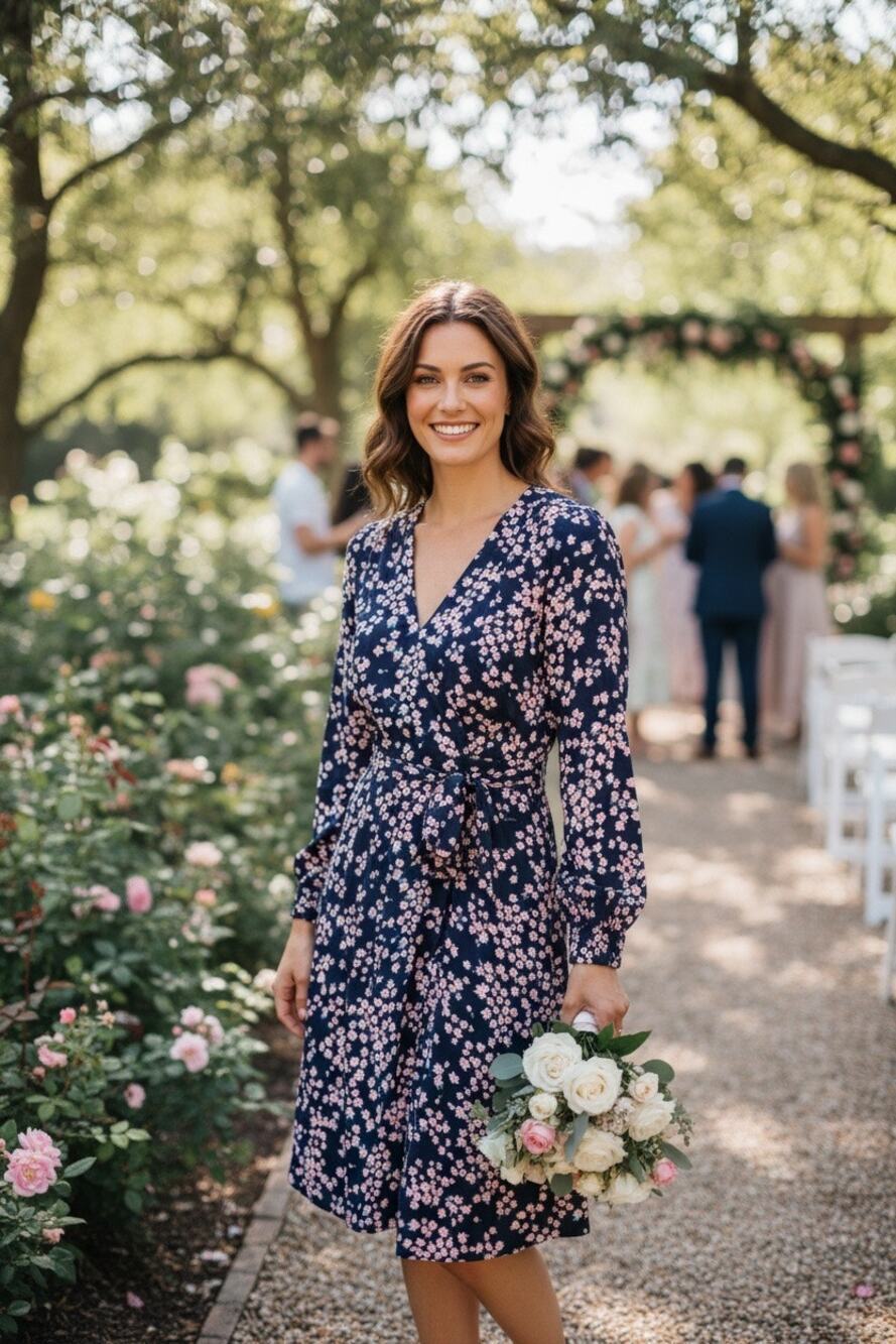 Draper James RSVP Floral Faux Wrap Dress Navy Pink Long Sleeve Tie Waist Large